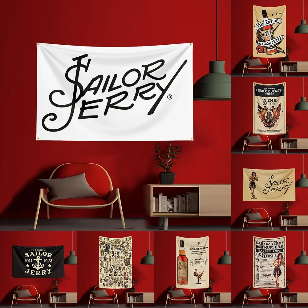 Wine Beer Garden - 90×150cmの「S-Sailor Jerrys」ラム酒旗。ポリエステル製で、アルコール飲料やワイン、ビールをテーマにした装飾用バナー。